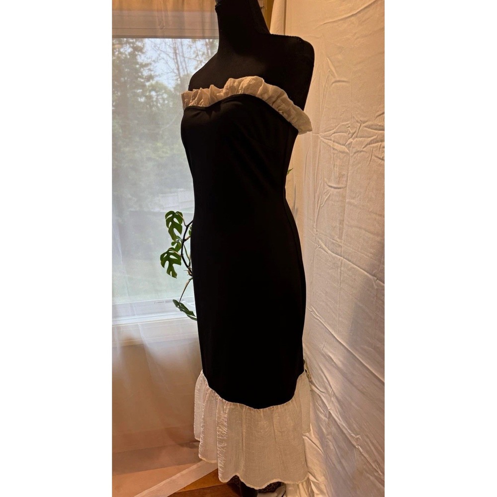 Women's Black Solid Strapless Sleeveless Midi Sheath Mermaid Dress Ruffle Hem S